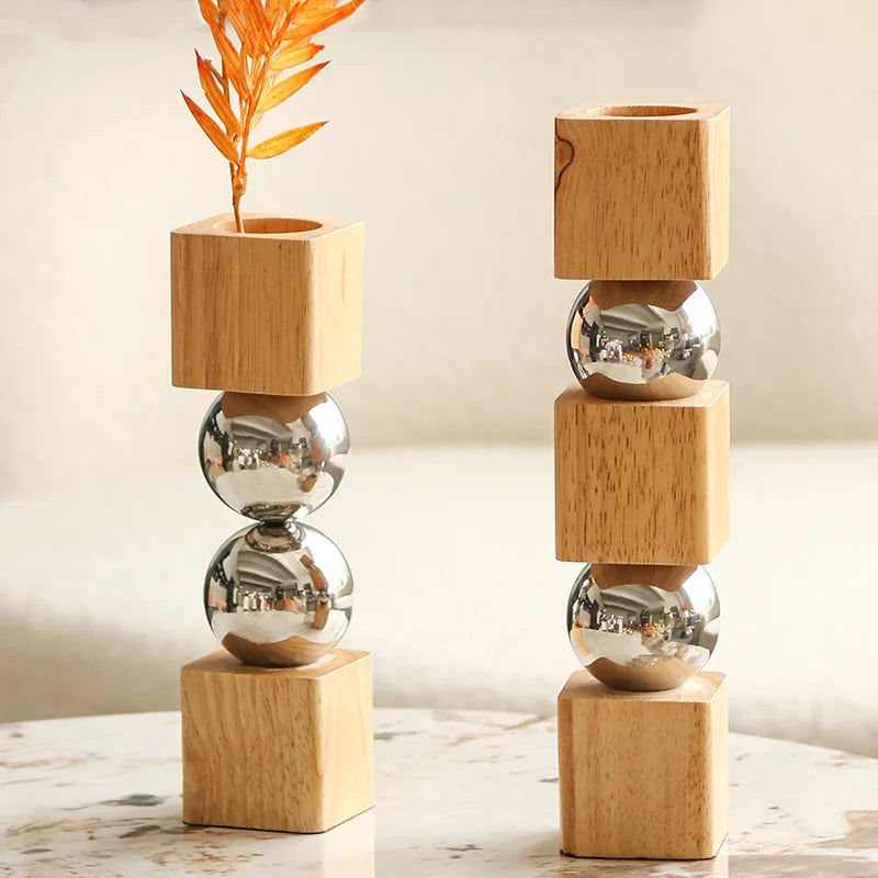 Nordic Wooden & Metal Geometric Flower Vase for Home Decor.