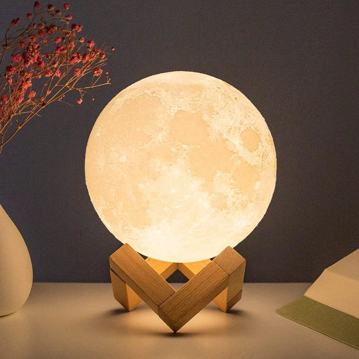 Moon Lamp 8cm – LED Night Light, Battery-Powered, With Stand, Starry Bedroom Decor & Kids Gift