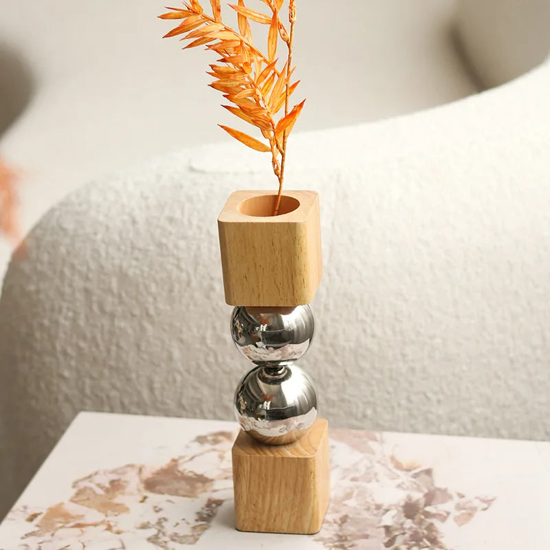 Nordic Wooden & Metal Geometric Flower Vase for Home Decor.
