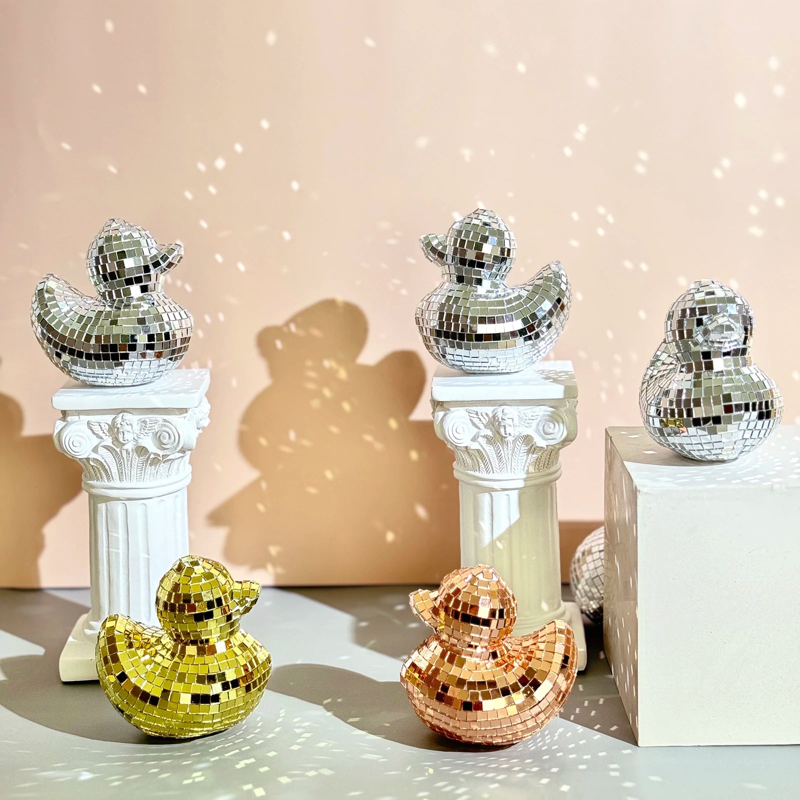 Mirror Disco Ball Duck Ornament for Modern Home Decor.